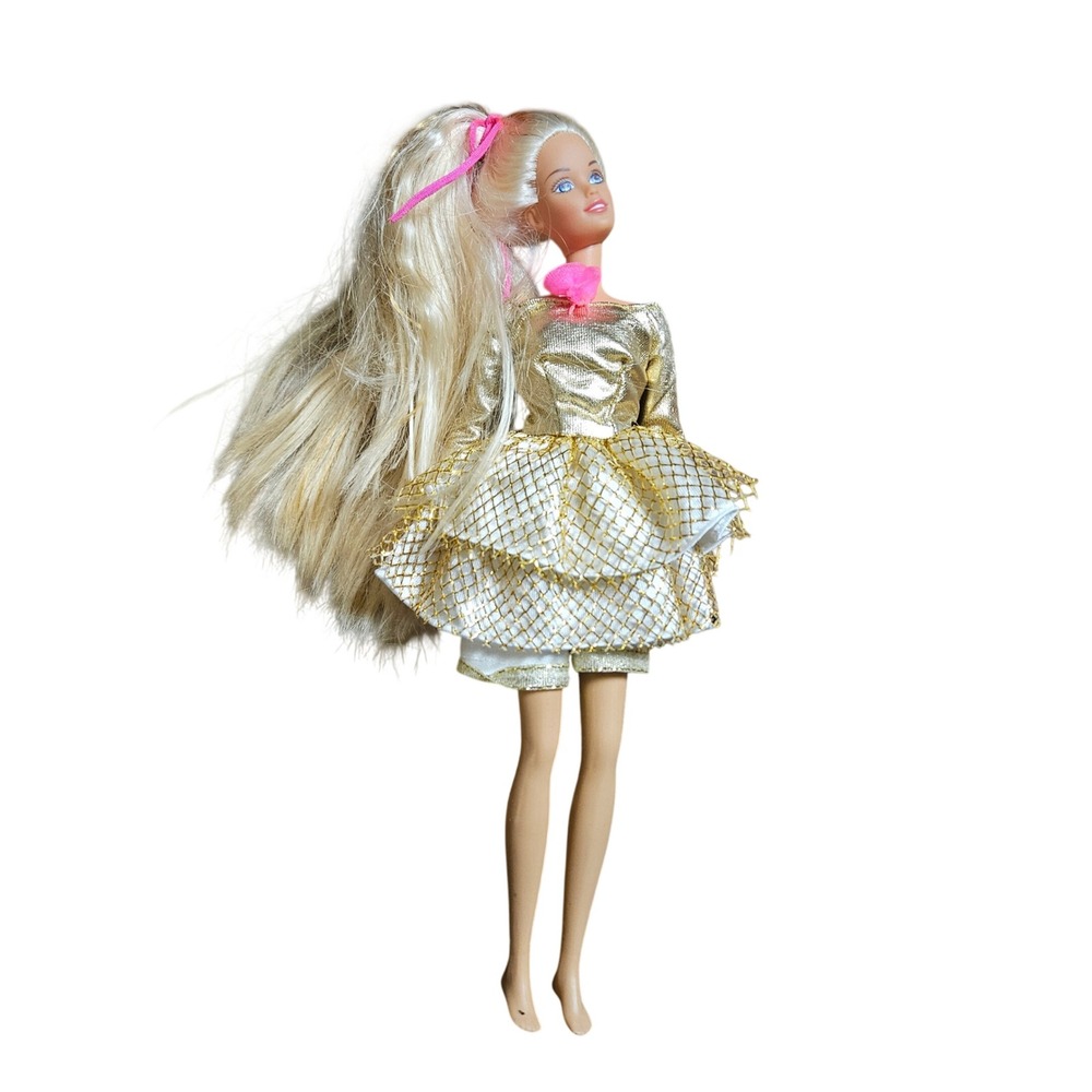 Vintage 1995 Mattel Hollywood Hair Barbie Doll Gold Metallic Tiered Skirt Blonde